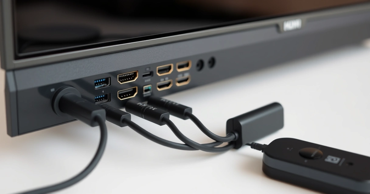 cabos hdmi e aparelho de streaming ao lado da traseira da televisão