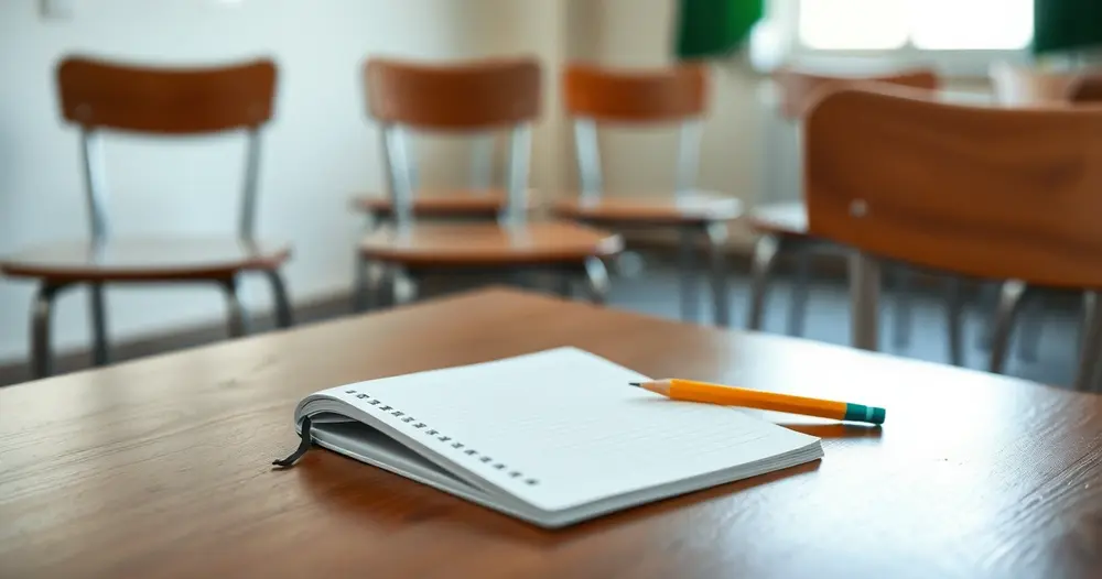 Caderno e lápis sobre carteira escolar de madeira em sala de aula vazia