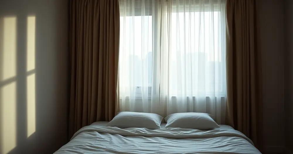 quarto silencioso com cortinas fechadas e cama arrumada em luz suave