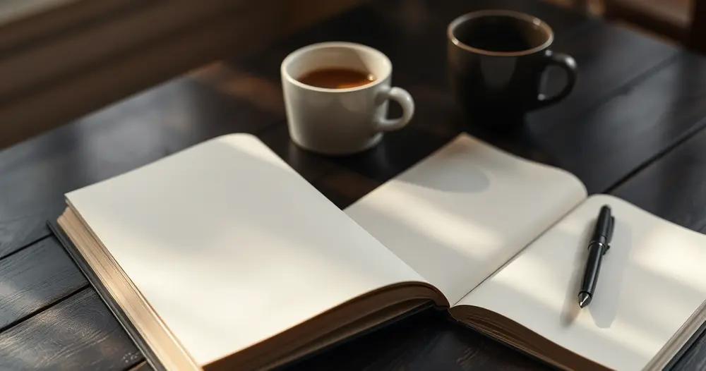 Caderno aberto com caneta ao lado de livro fechado e xícara de café