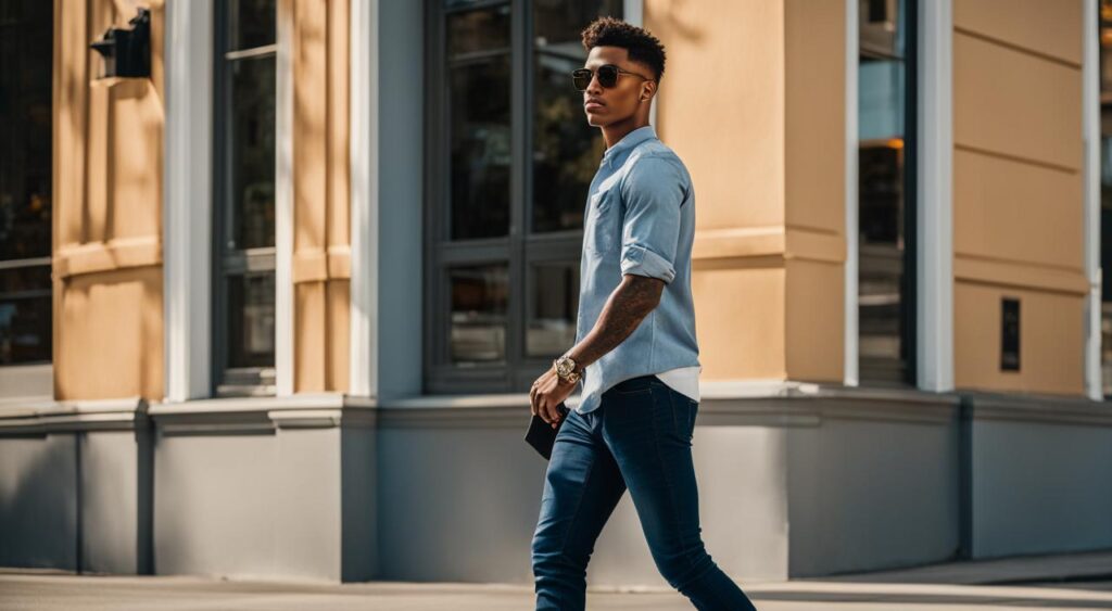 tendência de moda calça jeans com camisa social