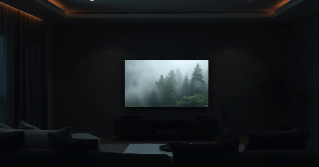 Programas de TV de Fantasia para Maratonar sala escura com televisão exibindo cena de floresta com névoa